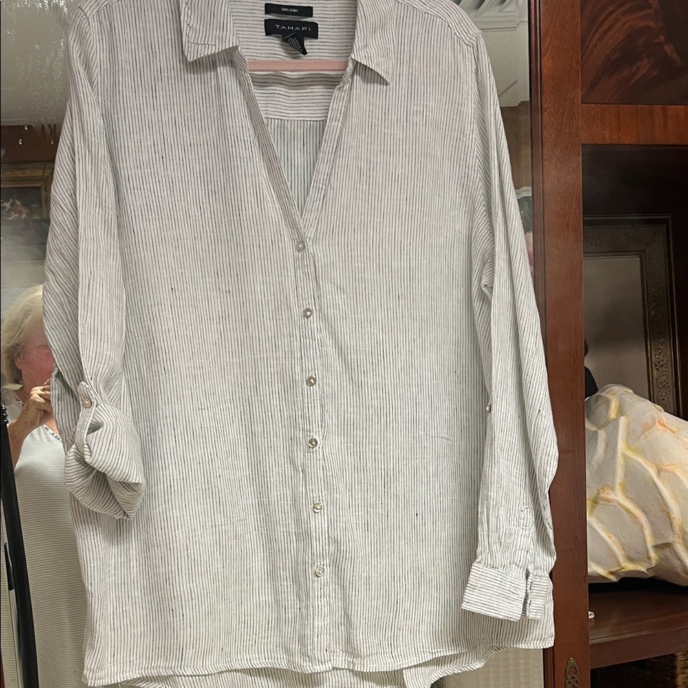 2 pc Fall Linen Green and crème  Striped linen Button-Up Shirt and pants set